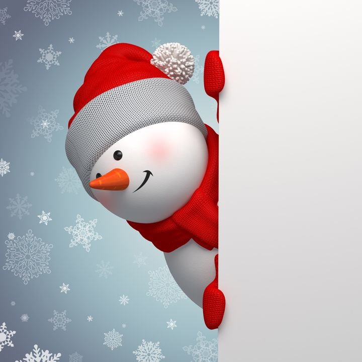 A cheerful snowman peeks from behind a white sign, wearing a red hat and scarf against a snowy backdrop.