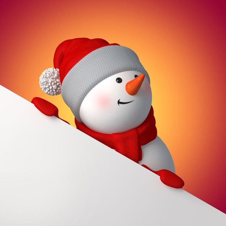 A cheerful snowman peeks over a white sign, wearing a red hat and scarf against a warm gradient background.