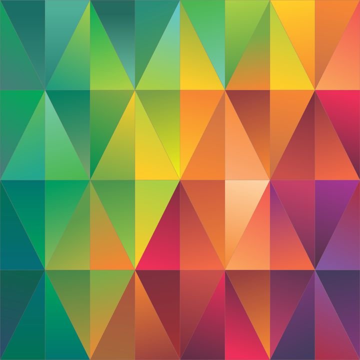 A colorful geometric pattern of triangles in shades of green, yellow, orange, red, and purple creates a vibrant mosaic design.