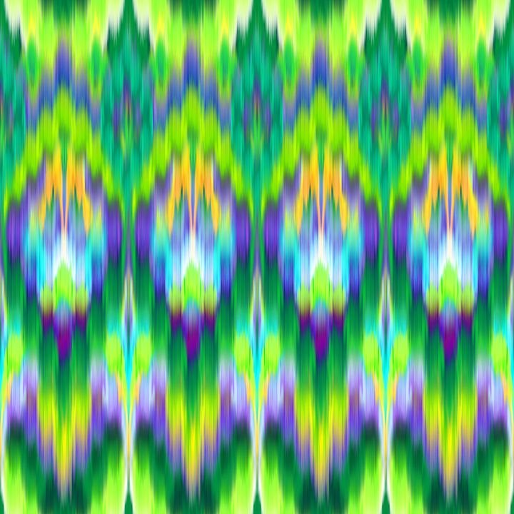 A vibrant, kaleidoscopic pattern features repeating symmetrical shapes in bright green, blue, purple, and yellow hues.