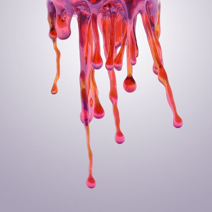 Vibrant red and pink liquid drips downward, forming glossy droplets against a soft purple background.