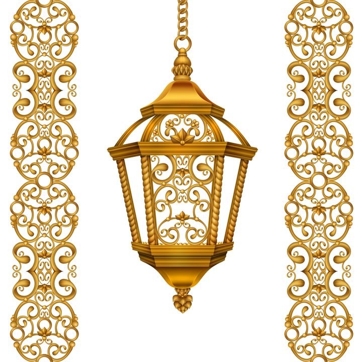 A golden, ornate lantern hangs from a chain, flanked by decorative golden panels with intricate scrollwork designs.