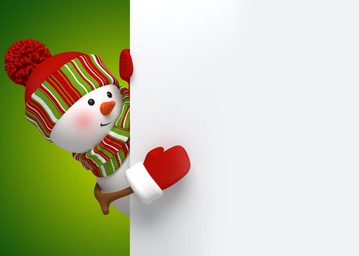 A cheerful snowman peeks from behind a white board, wearing a striped hat and scarf against a green background.