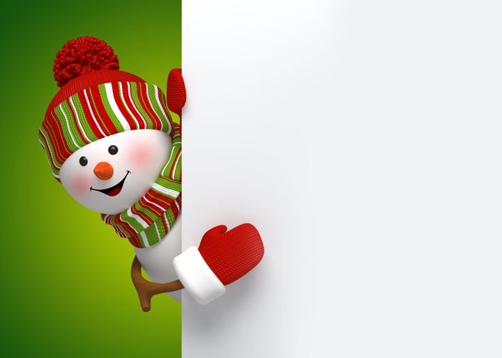 A cheerful snowman peeks from behind a white sign, wearing a striped hat and scarf against a green background.