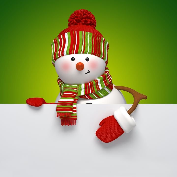 A cheerful 3D snowman peeks over a white sign. It wears a striped red and green hat with a pom-pom, a matching scarf, and a red mitten. The snowman has a carrot nose and a friendly smile against a green background.