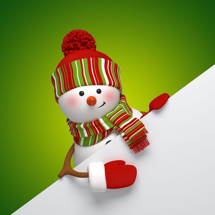 A cheerful snowman peeks from behind a white banner, wearing a striped hat and scarf against a green background.