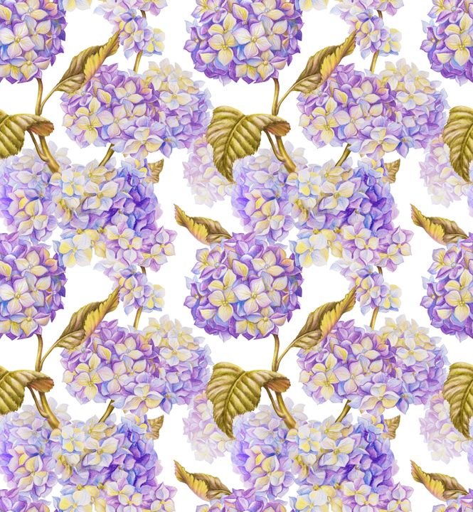 Watercolor hydrangeas bloom in purple and white hues with golden leaves against a white background.
