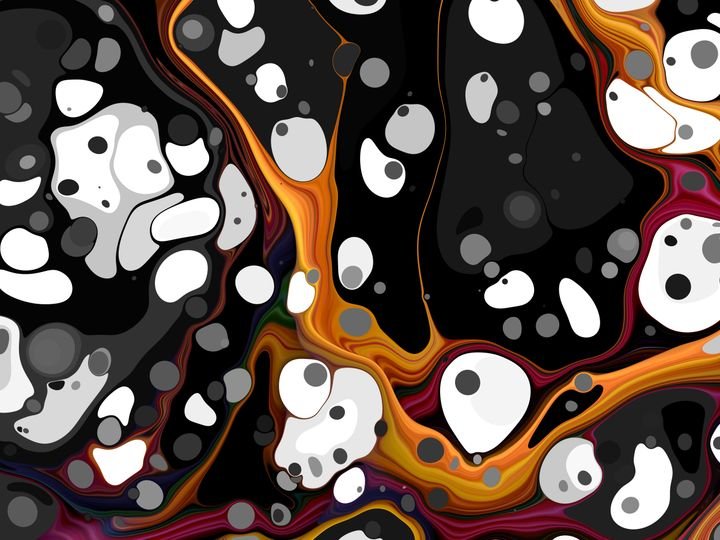 Abstract art features swirling black, white, and orange shapes with gray accents, creating a dynamic, fluid composition.
