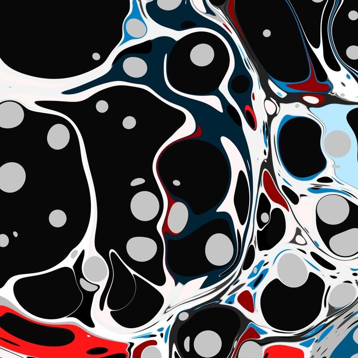 Abstract art features swirling black, white, red, and blue shapes with circular patterns, creating a dynamic, fluid composition.