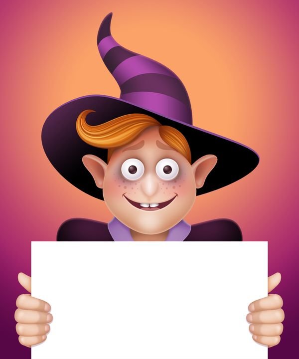 A cheerful cartoon witch with red hair holds a blank white sign. She wears a purple and black striped hat and a purple robe.