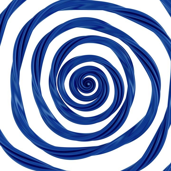 A mesmerizing blue spiral swirls inward against a stark white background, creating a hypnotic visual effect.