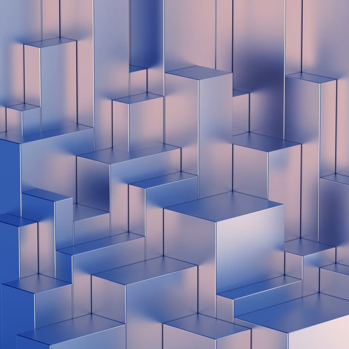 Abstract 3D cubes form a geometric pattern with smooth, reflective surfaces in shades of blue and pink.