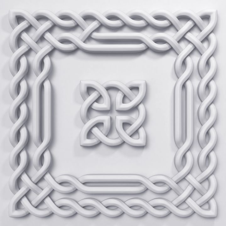 A white, 3D-rendered Celtic knot design features an intricate square frame with a central knot motif. The smooth, rounded lines create a seamless, interwoven pattern against a clean background.