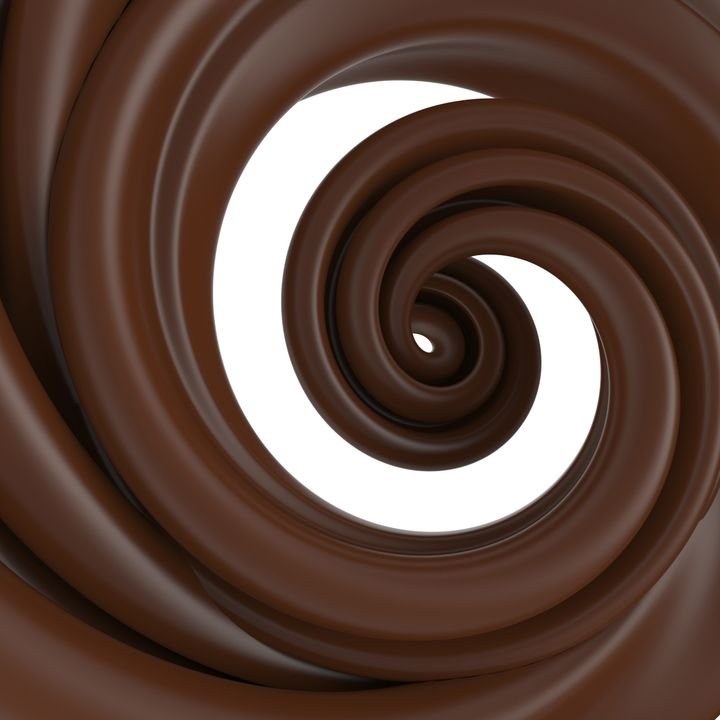 A rich, glossy chocolate swirl spirals inward, creating a hypnotic vortex of smooth texture and deep brown hues.