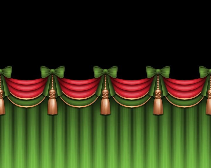 Green curtains with red swags and gold tassels hang against a black background.