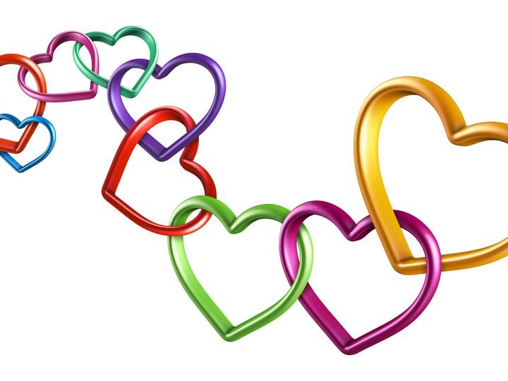 Colorful heart outlines chain together in a playful, diagonal line against a white background.