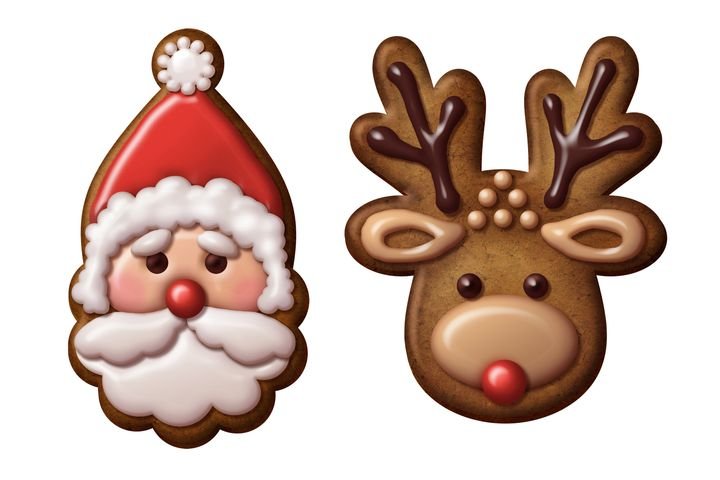 Two festive gingerbread cookies decorated with icing. One is Santa Claus with a red hat and white beard. The other is a reindeer with brown antlers and a red nose.