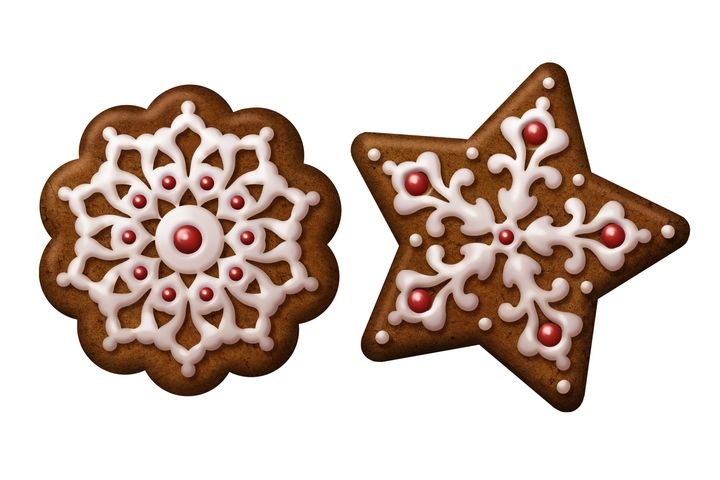 Two decorated gingerbread cookies, one round and one star-shaped, feature white icing and red dots against a plain background.