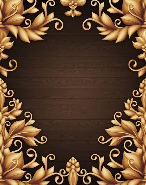 A golden floral frame with swirling leaves and flowers borders a dark brown wooden background.