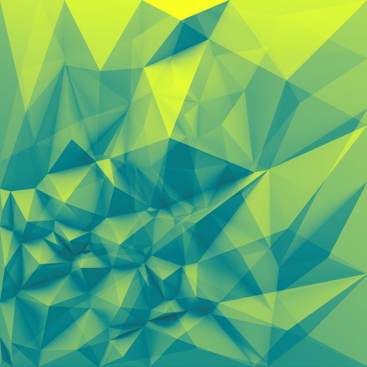 A vibrant, abstract geometric pattern features sharp triangles in shades of green and teal, creating a dynamic, faceted texture.