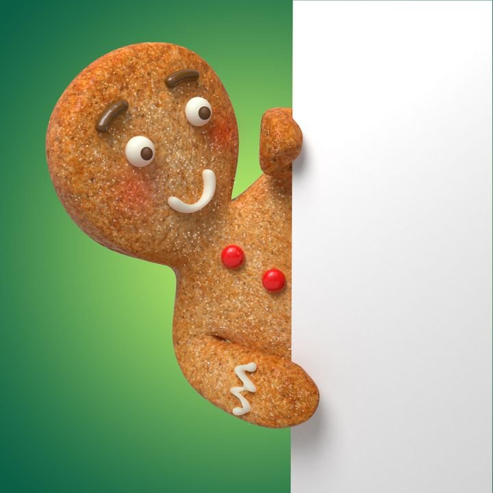 A cute gingerbread man peeks from behind a white sign against a green background.