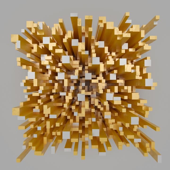 A golden, pixelated cube explodes outward with rectangular beams radiating in all directions against a gray background.