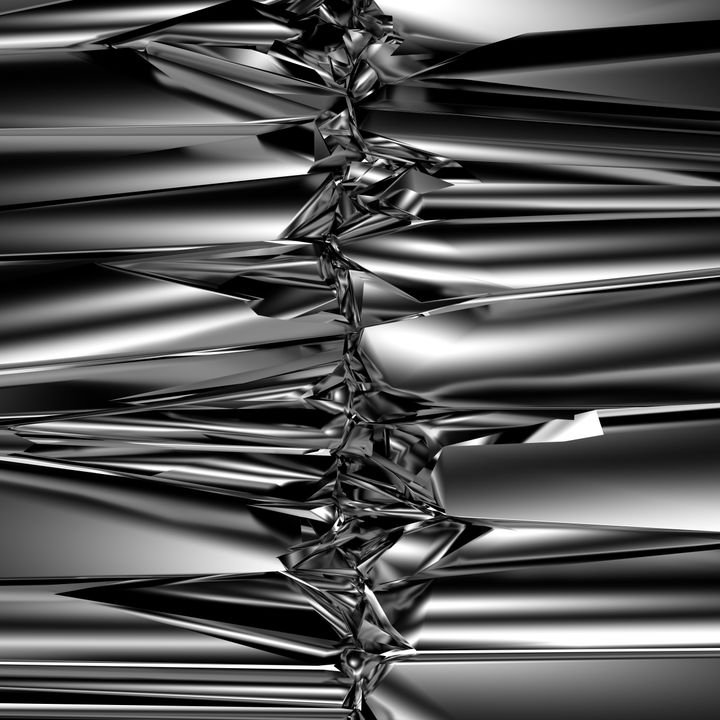 Abstract black and white image shows crumpled, shiny metallic surfaces with sharp folds and reflective highlights.