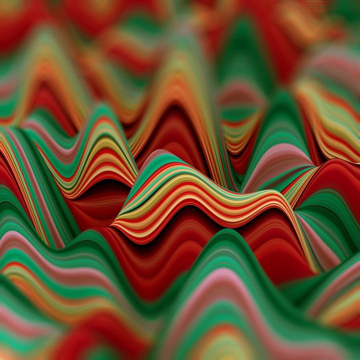 Vibrant, wavy layers of red, green, and orange blend into a fluid, abstract landscape with a soft-focus background.