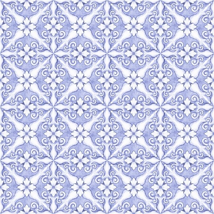 A seamless pattern of blue and white floral tiles with intricate scrollwork designs.
