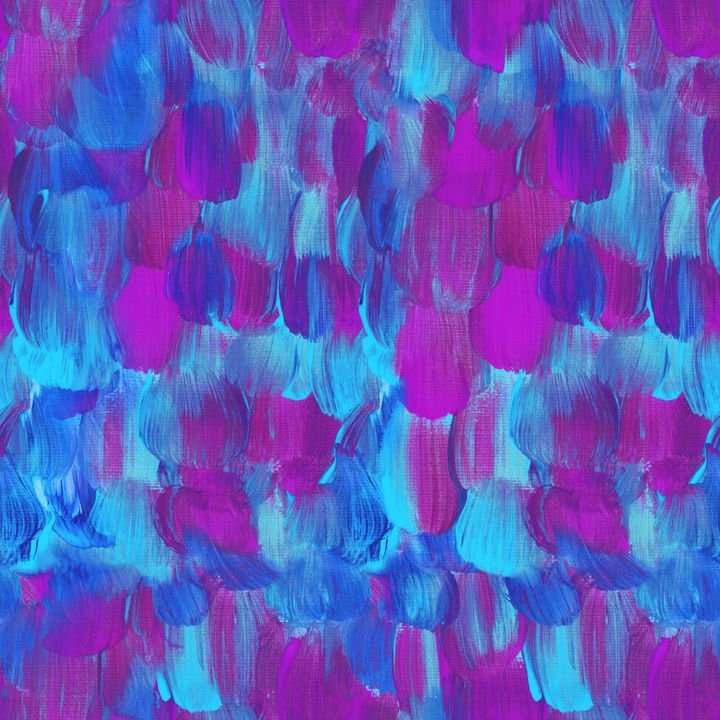 Vibrant abstract painting features overlapping brushstrokes in shades of blue, purple, and pink, creating a dynamic textured surface.