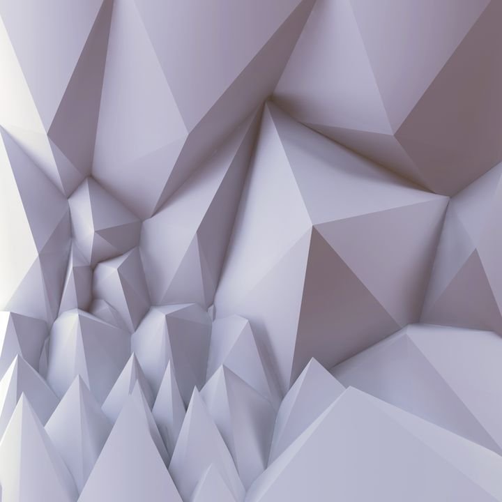 A 3D abstract scene features sharp, angular geometric shapes forming a rugged, mountain-like landscape in soft white and gray tones.