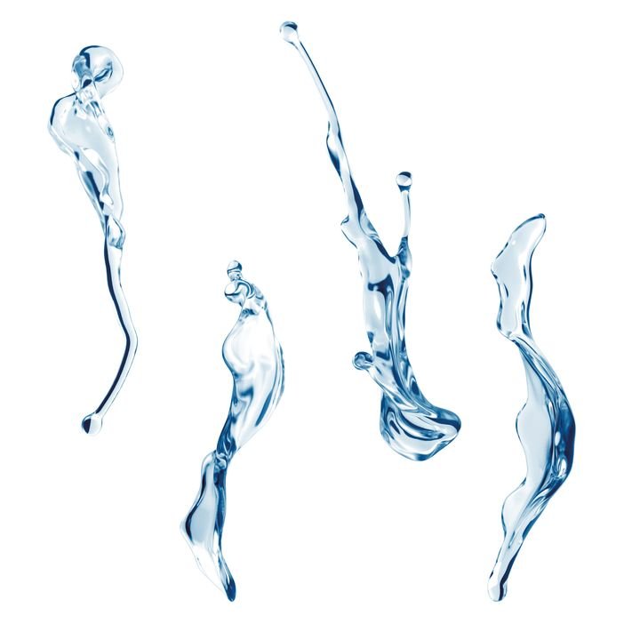 Four dynamic water splashes freeze in mid-air against a stark white background, showcasing fluid motion and clarity.