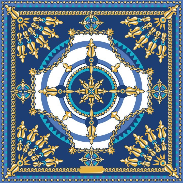 A square pattern features gold chains, fleur-de-lis, and a central starburst on a blue and white background.