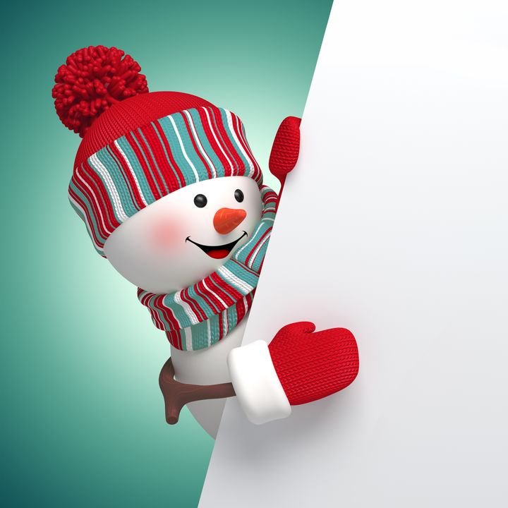 A cheerful 3D snowman peeks from behind a white sign, wearing a striped hat and scarf with red mittens.