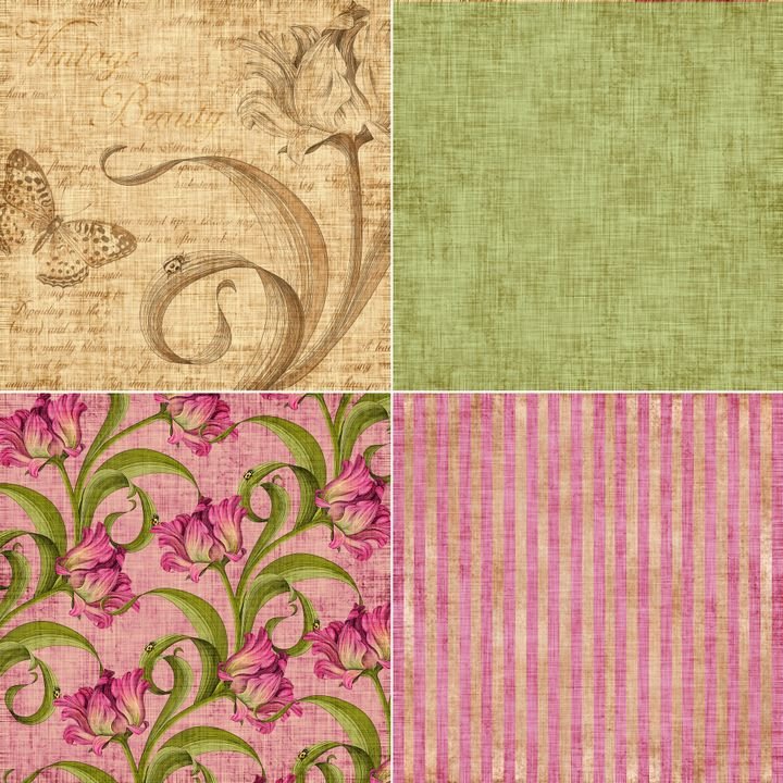 Four textured backgrounds feature floral patterns, stripes, and vintage designs in pink, green, and beige tones.