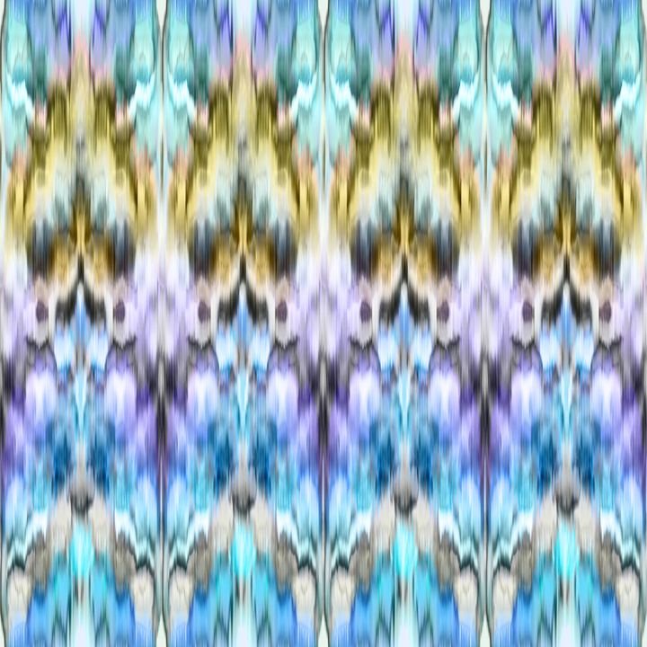 A kaleidoscopic pattern with mirrored, colorful shapes in blues, purples, and golds.