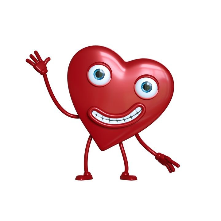 A cheerful red cartoon heart character waves with one hand and points with the other, displaying big eyes and a wide smile.