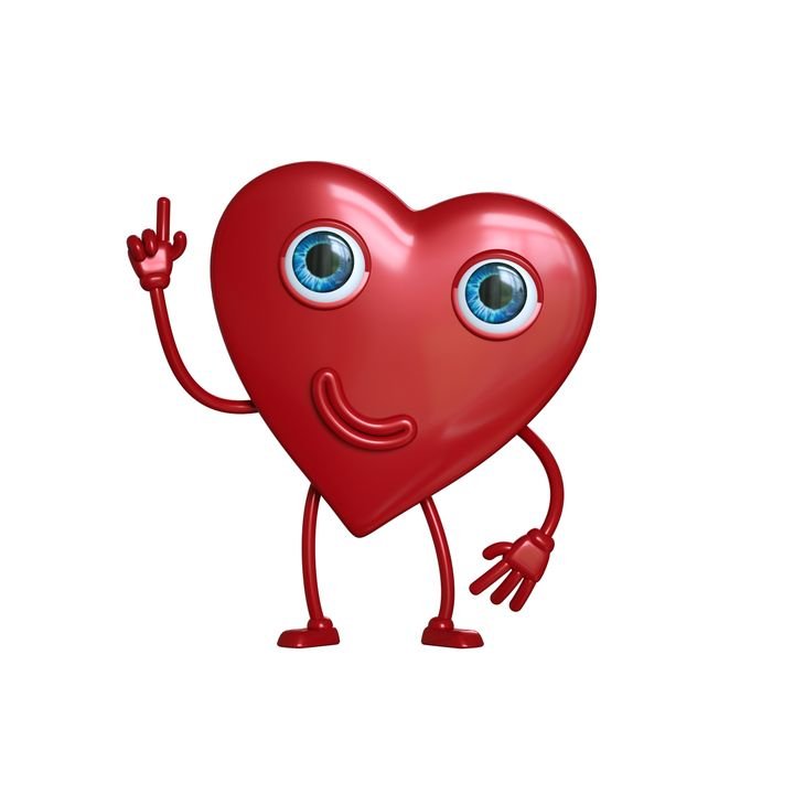 A cheerful red heart character with blue eyes, arms, and legs waves happily against a white background.