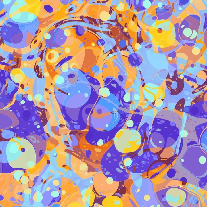 Vibrant abstract art features swirling blue, orange, and yellow shapes with splashes of color and circular patterns.