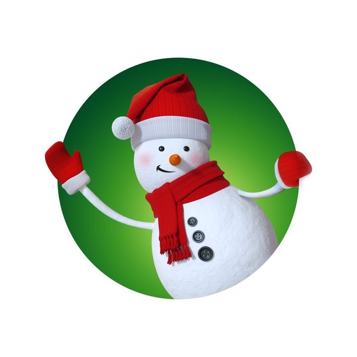 A cheerful snowman waves with red mittens, wearing a Santa hat and scarf against a green circular background.