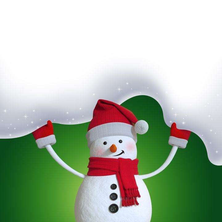A cheerful snowman wears a red hat and scarf, holding up a snowy banner against a green background.