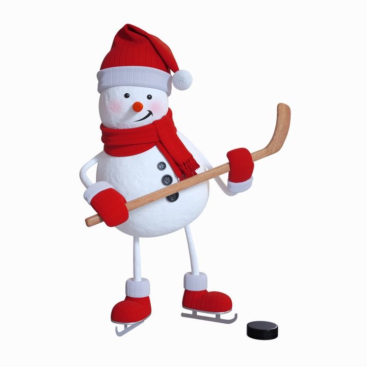 A cheerful snowman stands on ice skates, holding a hockey stick and ready to play with a puck nearby.