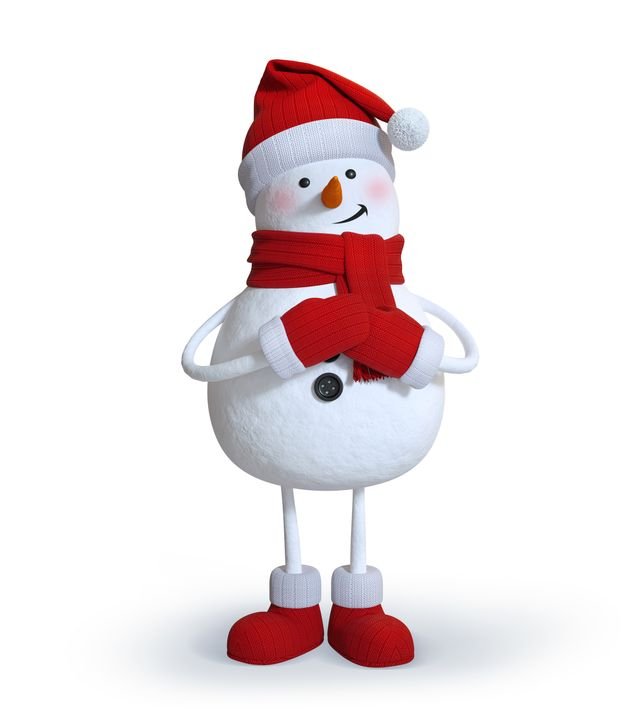 A cheerful snowman stands against a white background, wearing a red Santa hat, scarf, and boots.