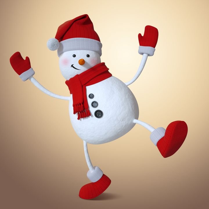 A cheerful snowman dances with arms raised, wearing a red hat, scarf, and mittens against a soft beige background.
