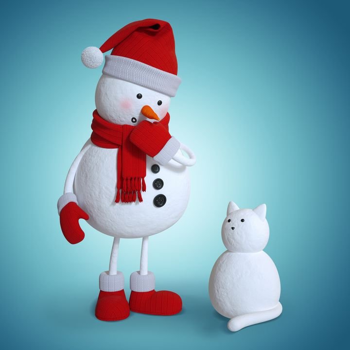 A cheerful snowman in a red hat and scarf stands beside a small white cat against a blue background.