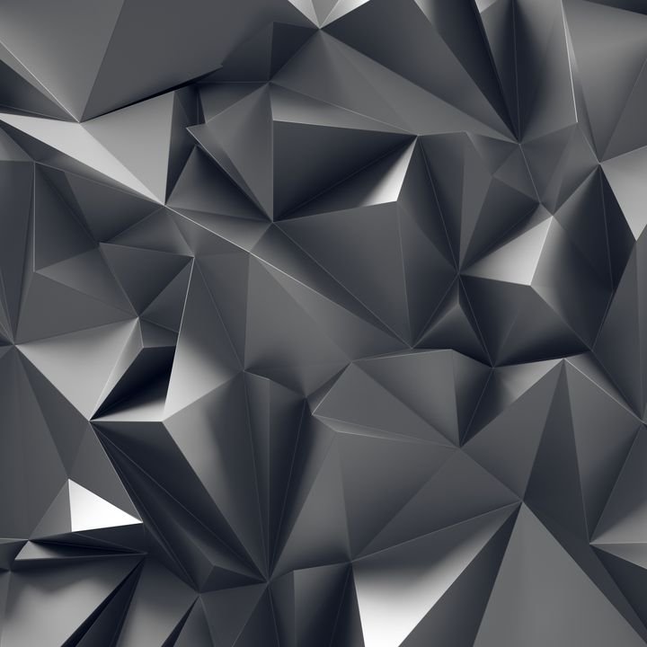 A dark, monochromatic abstract background composed of sharp, angular geometric shapes. The low-poly design creates a complex, faceted texture with varying shades of grey and black.