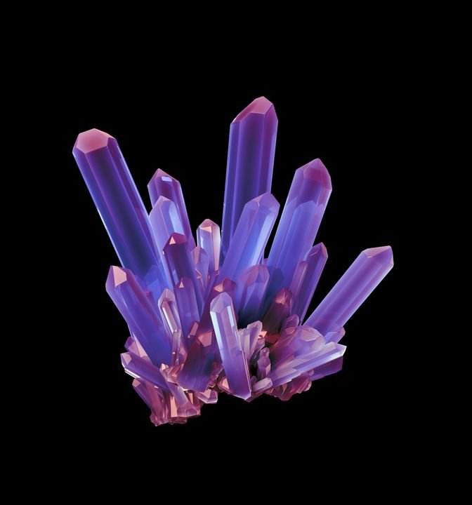 A cluster of purple and pink crystals stands against a black background, showcasing sharp geometric shapes and vibrant colors.