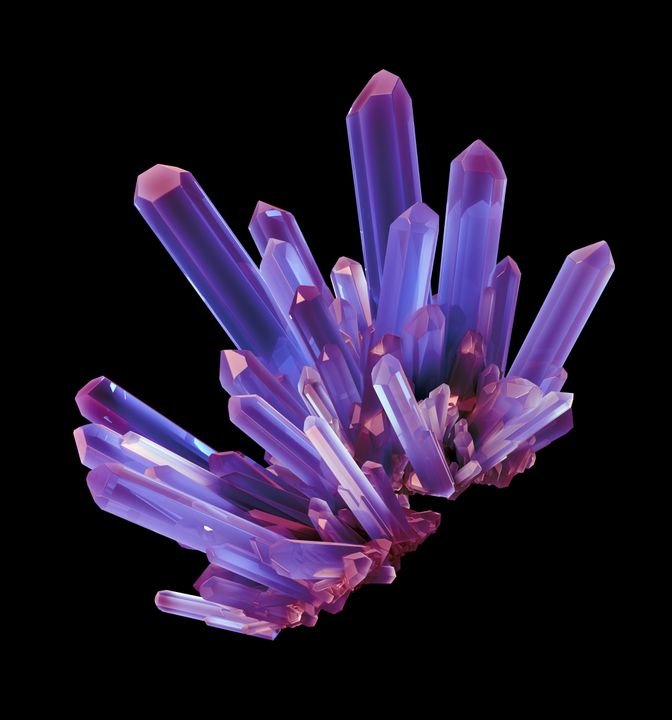A cluster of purple and blue crystals glows against a black background, showcasing sharp geometric shapes and vibrant colors.