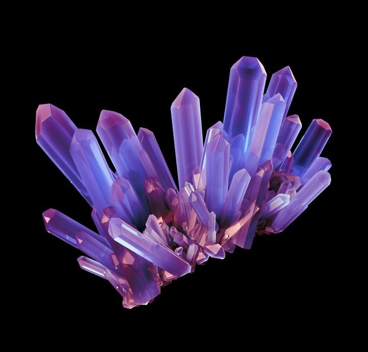 A cluster of vibrant purple and blue crystals with sharp, geometric facets glows against a stark black background.