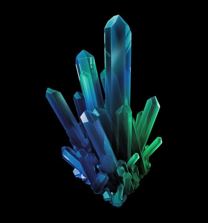 A cluster of vibrant blue and green crystals stands tall against a black background, showcasing sharp geometric shapes and glossy textures.